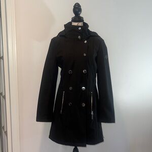 Calvin Klein Women's Black Rain Coat with High Collar and Removable hood XS